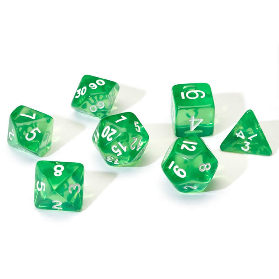 SDZ000106 Green Translucent Resin Dice with White Numbers 16mm (5/8 inch) 7 Dice Set 2nd Image