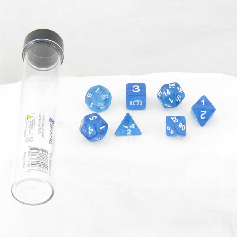 SDZ000107 Blue Translucent Resin Dice with White Numbers 16mm (5/8 inch) 7 Dice Set Main Image