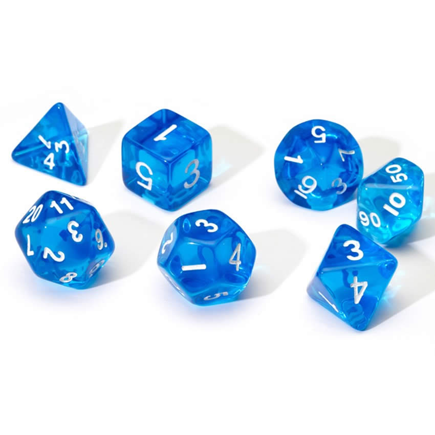 SDZ000107 Blue Translucent Resin Dice with White Numbers 16mm (5/8 inch) 7 Dice Set 2nd Image