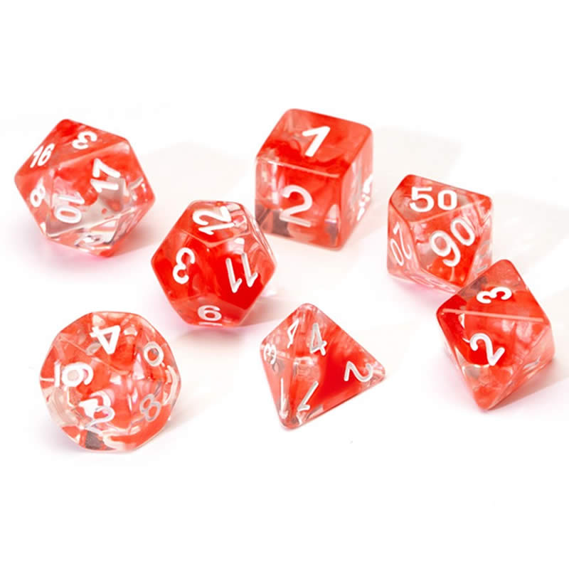 SDZ000109 Cloud Red Translucent Acrylic Dice White Numbers 16mm (5/8 inch) 7 Dice Set Sirius Dice Main Image