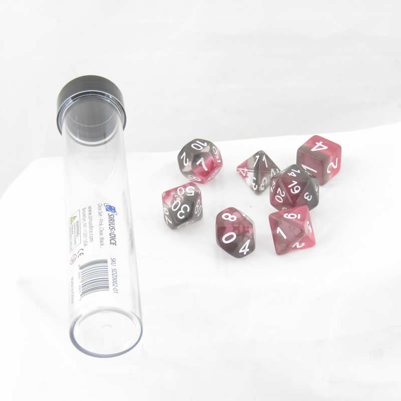 SDZ000201 Pink Clear Black Layered Resin Dice White Numbers 16mm (5/8 inch) 7 Dice Set Main Image