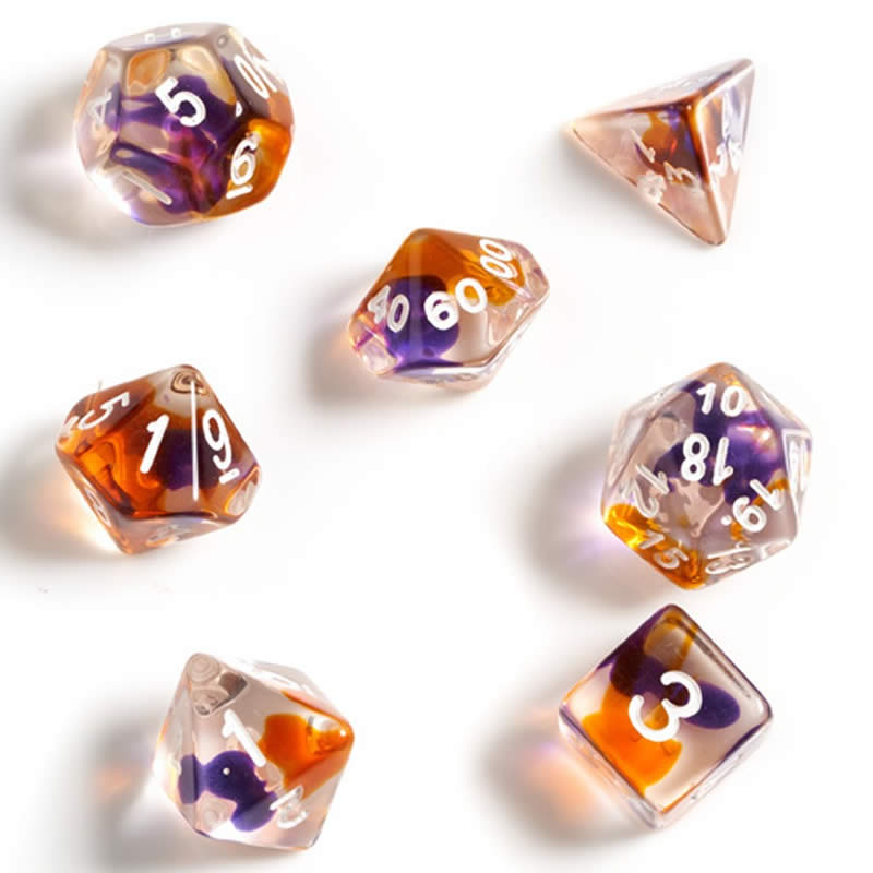 SDZ000202 Purple Orange Clear Resin Dice White Numbers 16mm (5/8 inch) 7 Dice Set Main Image