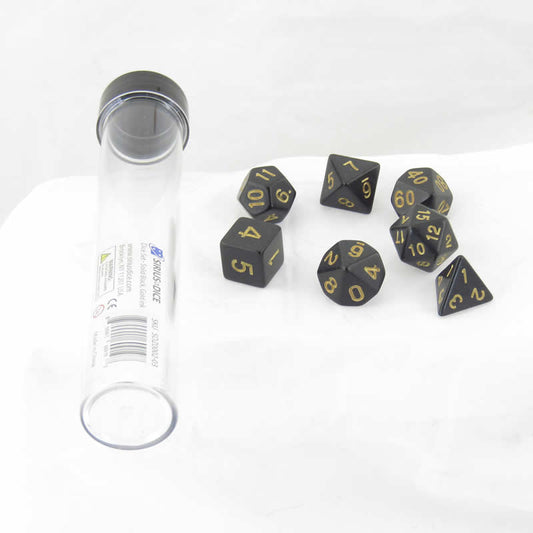 SDZ000203 Soild Black Resin Dice Gold Numbers 16mm (5/8 inch) 7 Dice Set Main Image