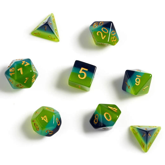 SDZ000205 Green Blue Semi Translucent Resin Dice Gold Numbers 16mm (5/8 inch) 7 Dice Set Main Image