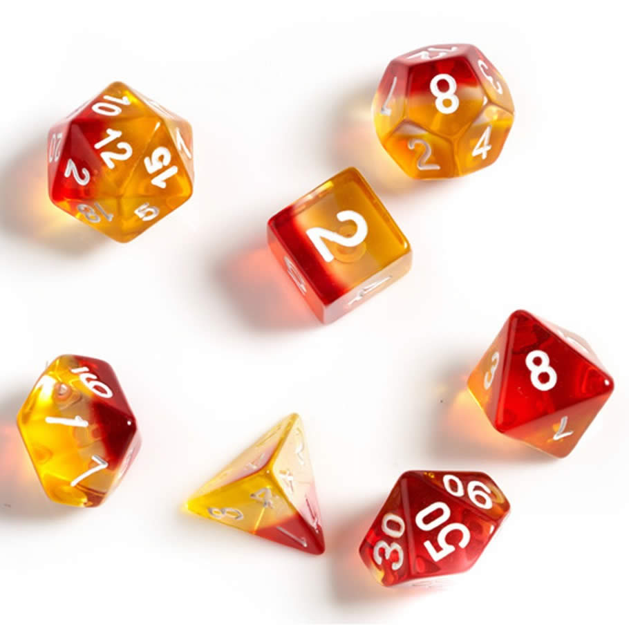 SDZ000206 Yellow Red Semi Translucent Resin Dice White Numbers 16mm (5/8 inch) 7 Dice Set 2nd Image