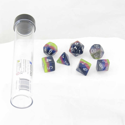 SDZ000207 Pink Green Blue Semi Translucent Resin Dice White Numbers 16mm (5/8 inch) 7 Dice Set Main Image