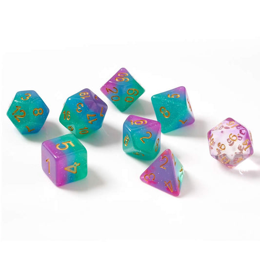 SDZ000301 Northern Lights Resin Dice Gold Numbers 16mm (5/8 inch) 7 Dice Set Main Image