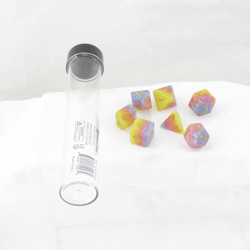 SDZ000302 Tahitian Sunset Resin Dice Gold Numbers 16mm (5/8 inch) 7 Dice Set Main Image