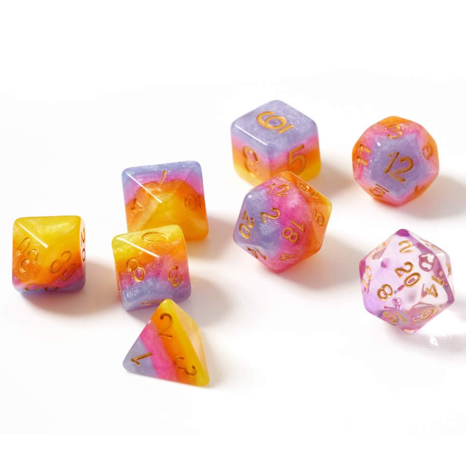 SDZ000302 Tahitian Sunset Resin Dice Gold Numbers 16mm (5/8 inch) 7 Dice Set 2nd Image