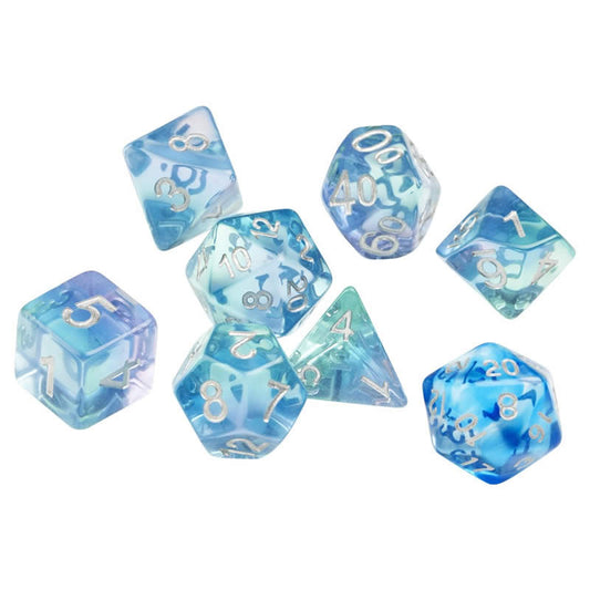 SDZ000402 Emerald Waters Resin Dice Silver Numbers 16mm (5/8 inch) 7 Dice Set Main Image