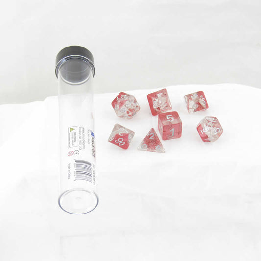 SDZ000501 Red Clear Hearts Resin Dice Silver Numbers 16mm (5/8 inch) 7 Dice Set Main Image