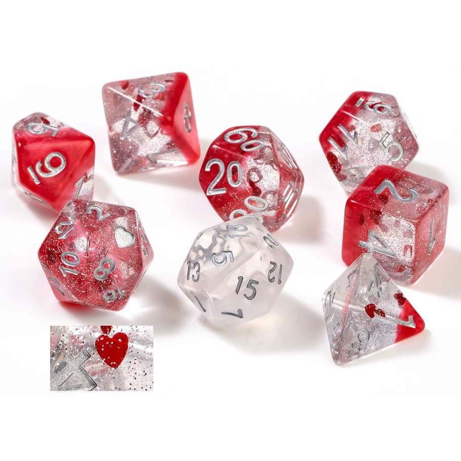 SDZ000501 Red Clear Hearts Resin Dice Silver Numbers 16mm (5/8 inch) 7 Dice Set 2nd Image