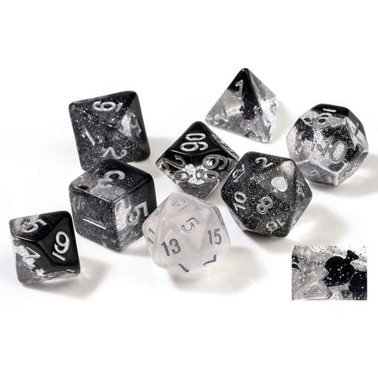 SDZ000502 Black Clear Spades Resin Dice Silver Numbers 16mm (5/8 inch) 7 Dice Set Main Image