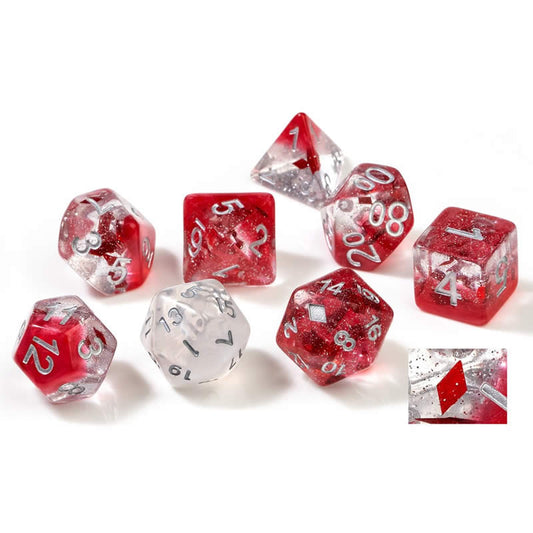 SDZ000503 Red Clear Diamonds Resin Dice Silver Numbers 16mm (5/8 inch) 7 Dice Set Main Image
