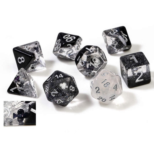 SDZ000504 Black Clear Clubs Resin Dice Silver Numbers 16mm (5/8 inch) 7 Dice Set Sirius Dice Main Image