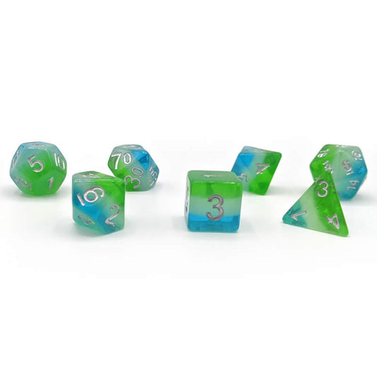 SDZ000508 Blue Hawaiian Resin Dice with Silver Numbers 16mm (5/8 inch) 7 Dice Set Main Image