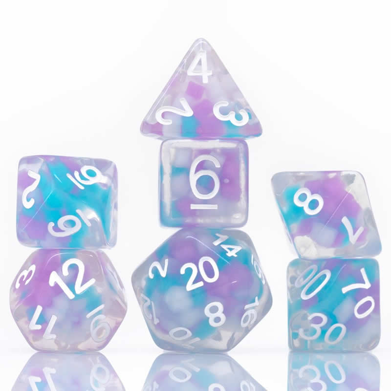 SDZ000604 Cotton Candy Glowworm Resin Dice with White Numbers 16mm (5/8 inch) 7 Dice Set Main Image