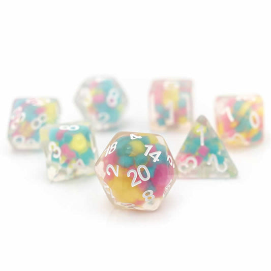 SDZ000605 Lucky Charm Glowworm Resin Dice with White Numbers 16mm (5/8 inch) 7 Dice Set Main Image