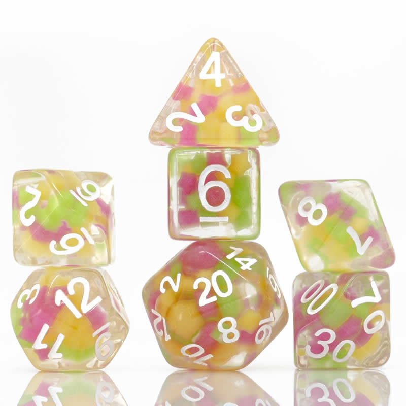 SDZ000606 Melon Ball Glowworm Resin Dice with White Numbers 16mm (5/8 inch) 7 Dice Set Main Image