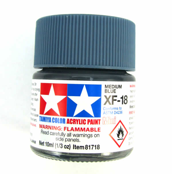 TAM81718 Mini XF-18 Flat Medium Blue Acrylic 10ml (1/3oz) Bottle Hobby Paint Tamiya Main Image