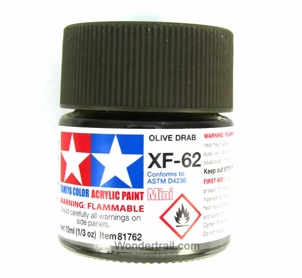 TAM81762 XF-62 Mini Flat Olive Drab Acrylic 10ml (1/3oz) Bottle Hobby Paint Tamiya Main Image