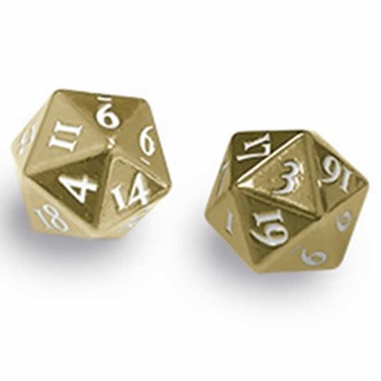 UPR85089 Heavy Metal Dice Gold Finish White Numbers D20 Pack of 2 Main Image