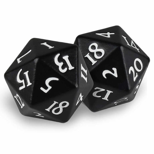 UPR85338 Heavy Metal Dice Black Magic Finish White Numbers D20 Pack of 2 Main Image