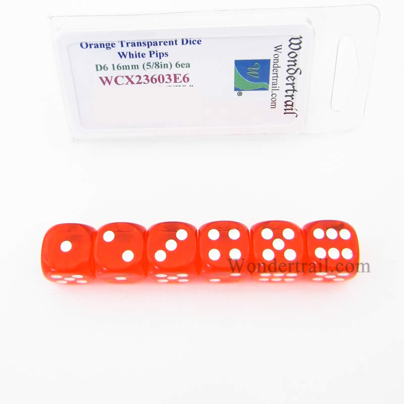 WCX23603E6 Orange Translucent Dice White Pips D6 16mm Pack of 6 Main Image