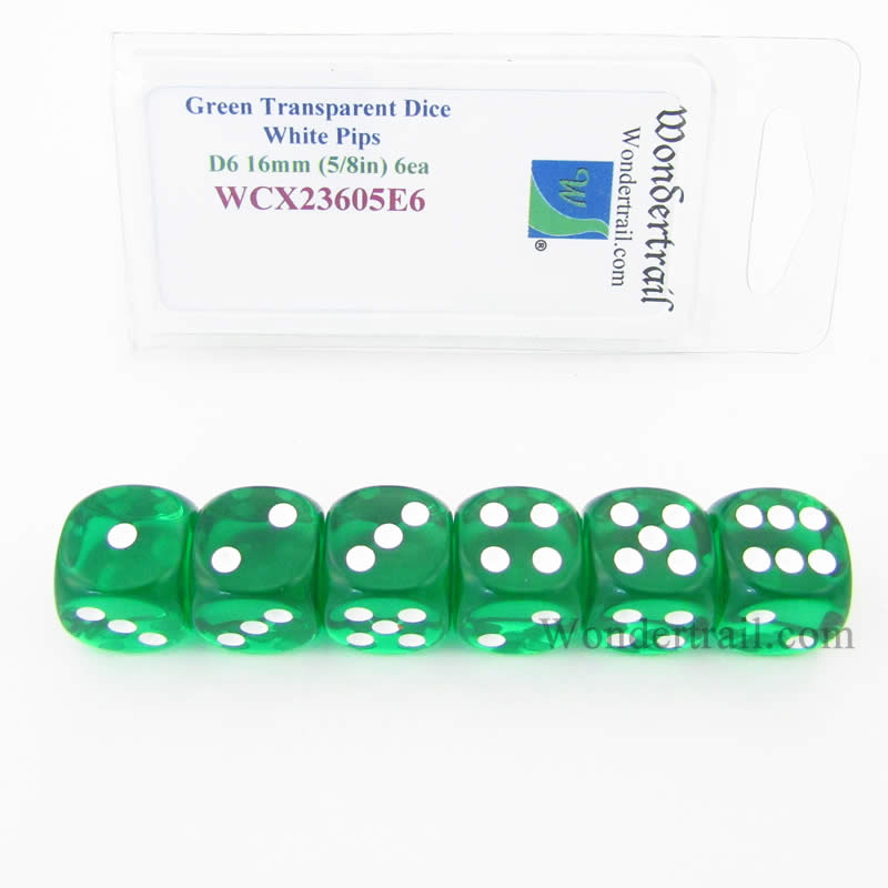 WCX23605E6 Green Translucent Dice White Pips D6 16mm Pack of 6 Main Image