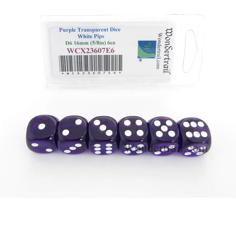 WCX23607E6 Purple Translucent Dice White Pips D6 16mm Pack of 6 Main Image