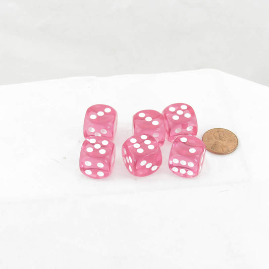 WCX23614E6 Pink Translucent Dice with White Pips D6 16mm (5/8in) Pack of 6 Main Image