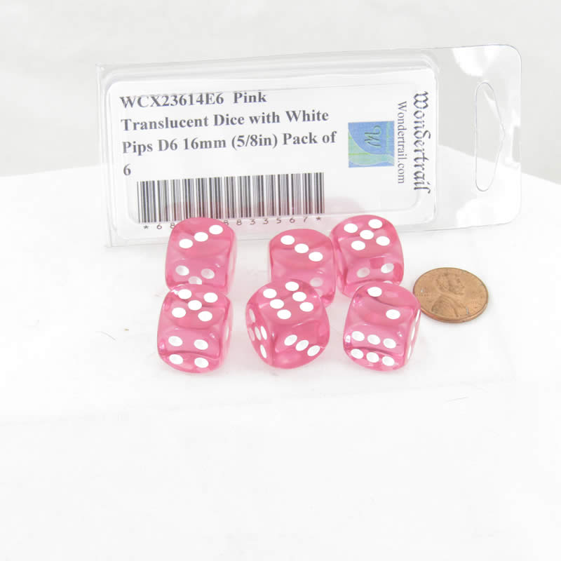 WCX23614E6 Pink Translucent Dice with White Pips D6 16mm (5/8in) Pack of 6 2nd Image