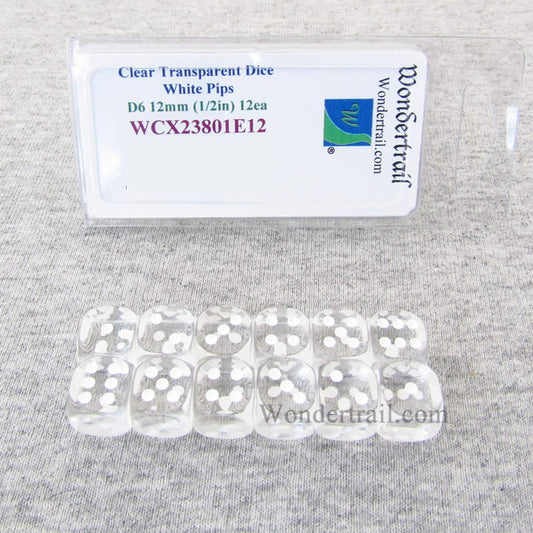 WCX23801E12 Clear Translucent Dice White Pips D6 12mm Pack of 12 Main Image