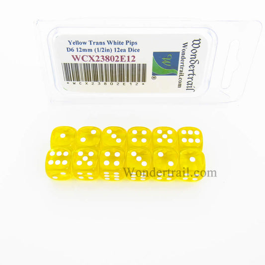 WCX23802E12 Yellow Translucent Dice White Pips D6 12mm Pack of 12 Main Image