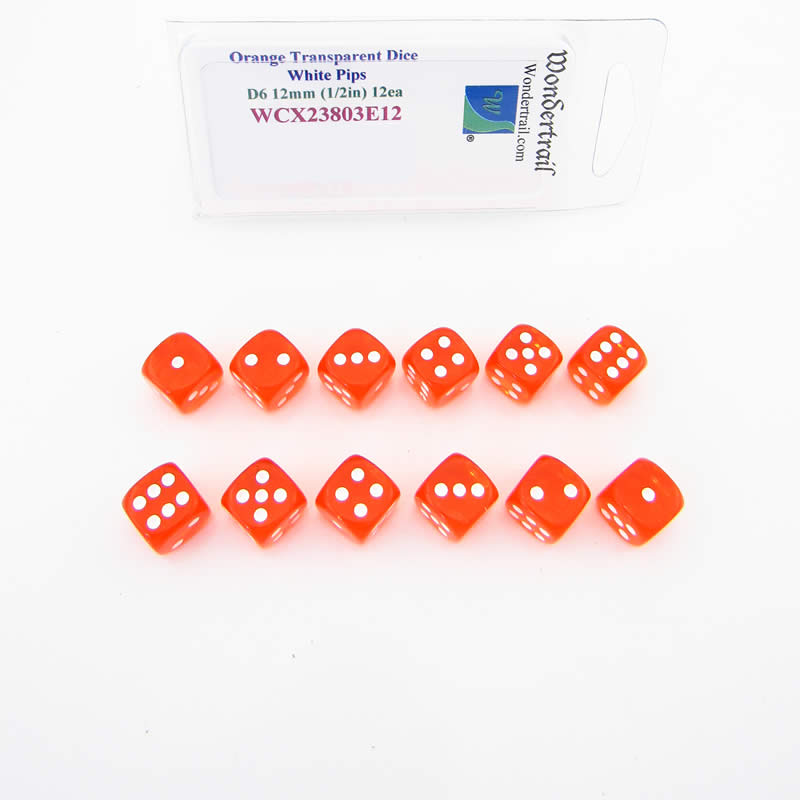 WCX23803E12 Orange Translucent Dice White Pips D6 12mm Pack of 12 Main Image