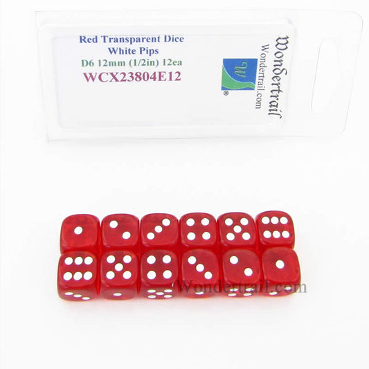 WCX23804E12 Red Translucent Dice White Pips D6 12mm Pack of 12 Main Image