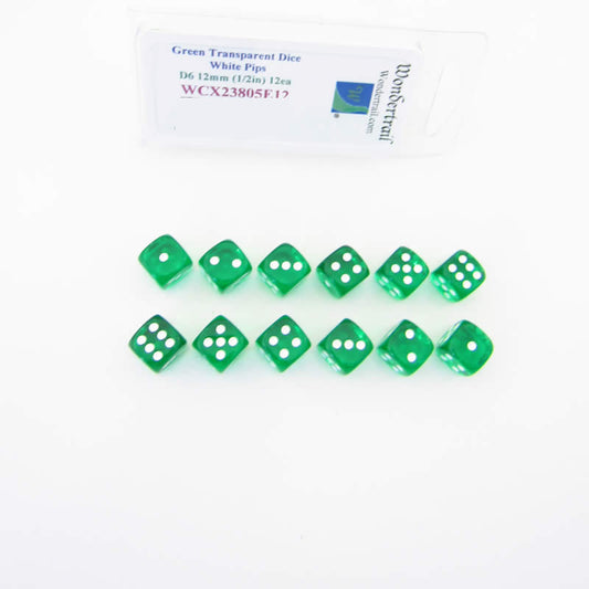 WCX23805E12 Green Translucent Dice White Pips D6 12mm Pack of 12 Main Image