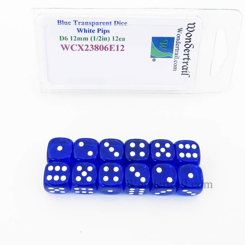 WCX23806E12 Blue Translucent Dice White Pips D6 12mm Pack of 12 Main Image