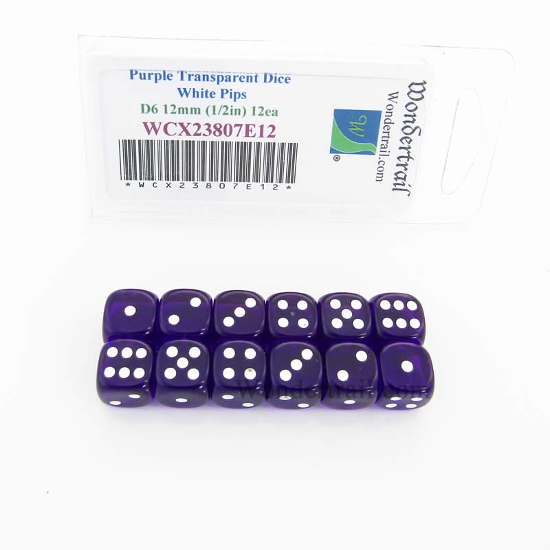 WCX23807E12 Purple Translucent Dice White Pips D6 12mm Pack of 12 Main Image