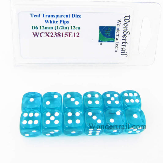 WCX23815E12 Teal Translucent Dice White Pips D6 12mm Pack of 12 Main Image