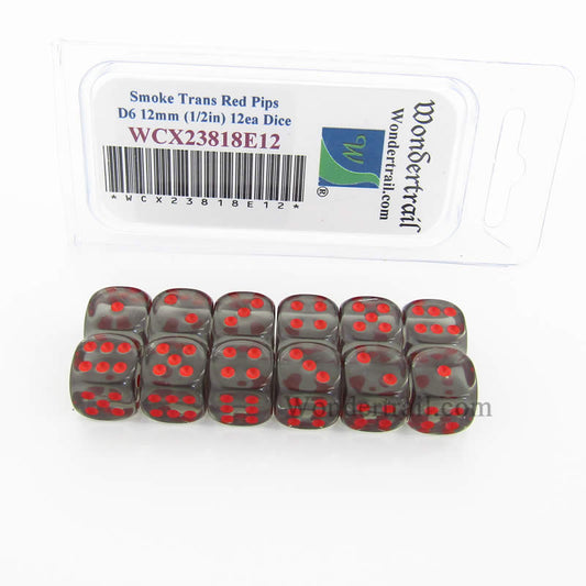 WCX23818E12 Smoke Translucent Dice Red Pips D6 12mm Pack of 12 Main Image