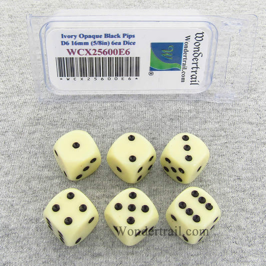WCX25600E6 Ivory Opaque Dice Black Pips D6 16mm Pack of 6 Main Image