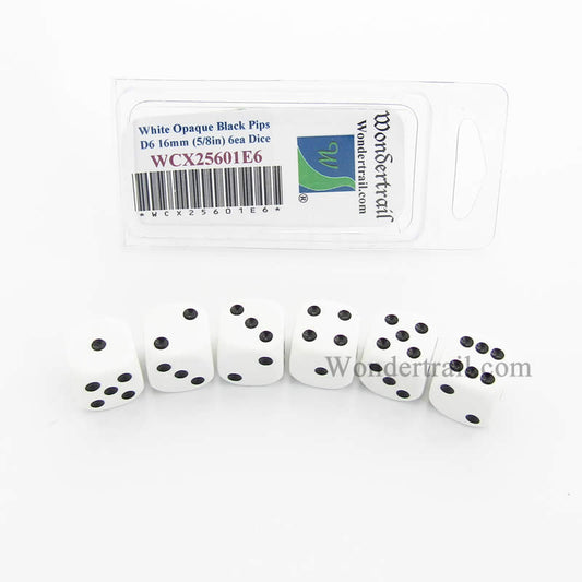 WCX25601E6 White Opaque Dice Black Pips D6 16mm Pack of 6 Main Image