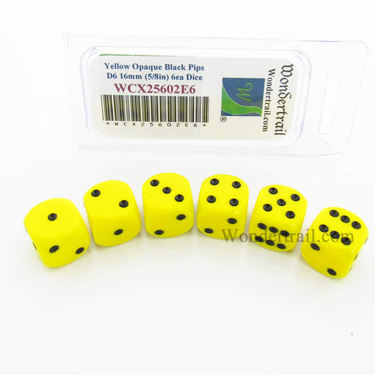 WCX25602E6 Yellow Opaque Dice Black Pips D6 16mm Pack of 6 Main Image