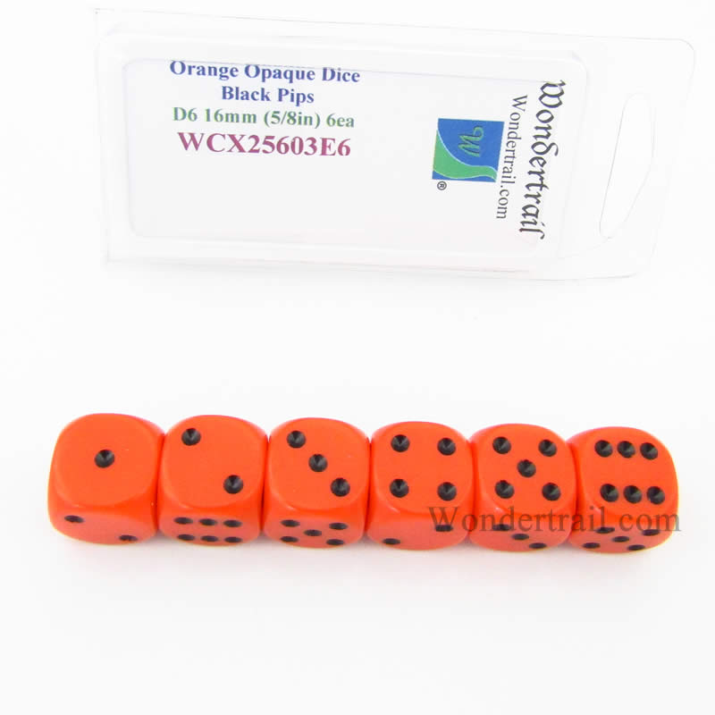 WCX25603E6 Orange Opaque Dice Black Pips D6 16mm Pack of 6 Main Image