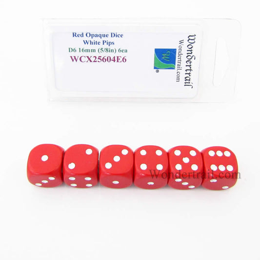 WCX25604E6 Red Opaque Dice White Pips D6 16mm Pack of 6 Main Image