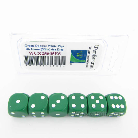 WCX25605E6 Green Opaque Dice White Pips D6 16mm Pack of 6 Main Image