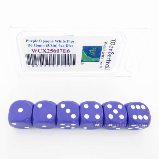WCX25607E6 Purple Opaque Dice White Pips D6 16mm Pack of 6 Main Image