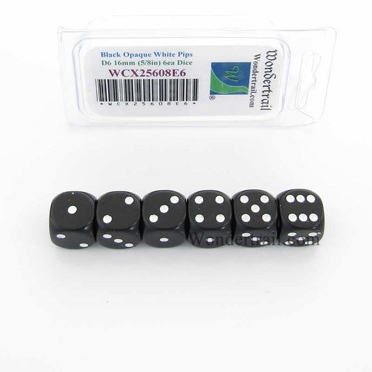 WCX25608E6 Black Opaque Dice White Pips D6 16mm Pack of 6 Main Image