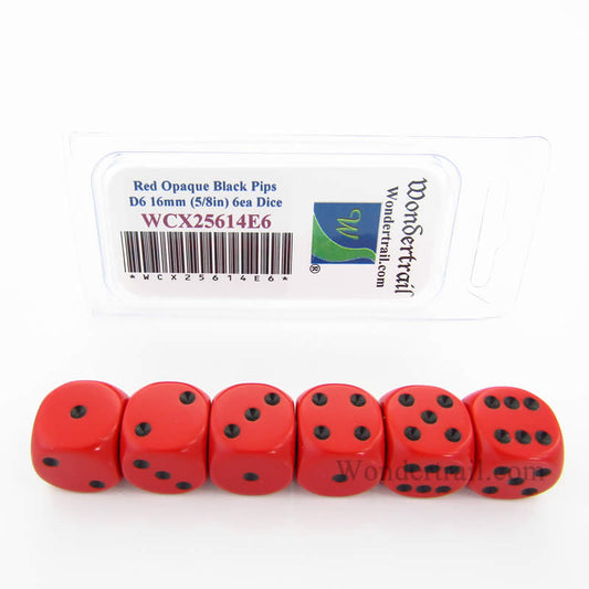 WCX25614E6 Red Opaque Dice Black Pips D6 16mm Pack of 6 Main Image